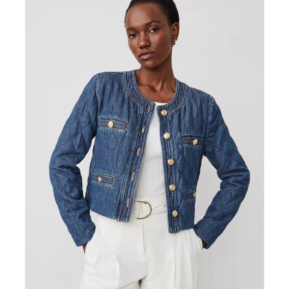 NWT Ann Taylor Quilted Denim Jacket Size XL Petite Cropped Gold Button Dark Wash